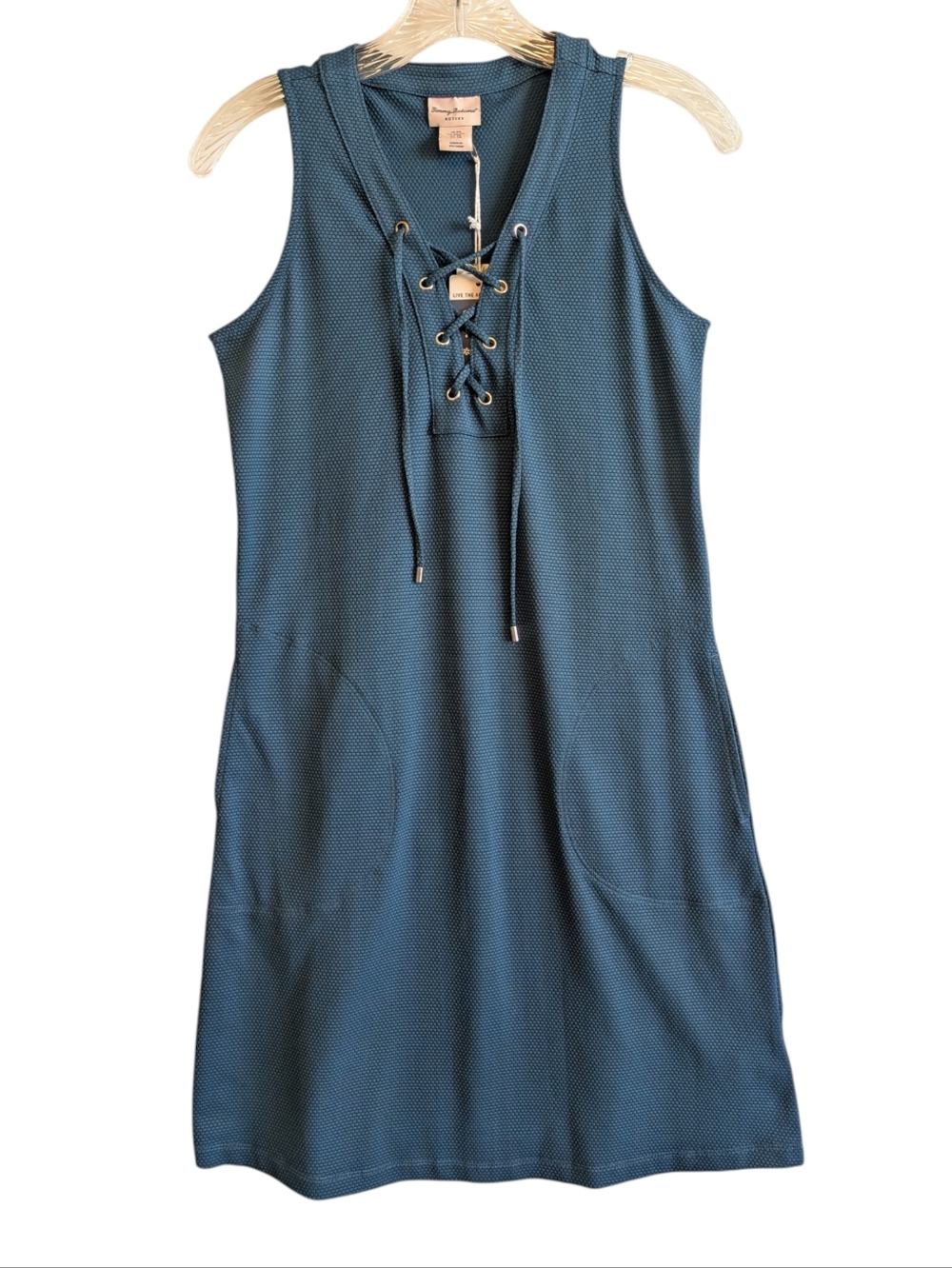 Tommy Bahama Active All Day Shift Dress Teal Blue Lace Up XS Pockets